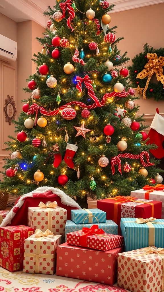 A festive Christmas tree with colorful ornaments and wrapped gifts underneath, set in a cozy living room.